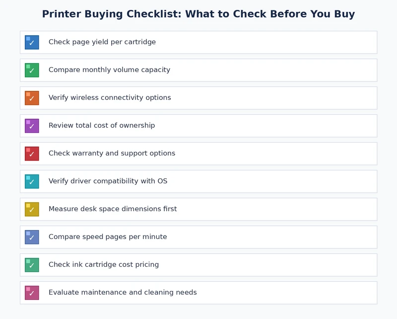 Visual printer buying checklist with key decision points before purchasing