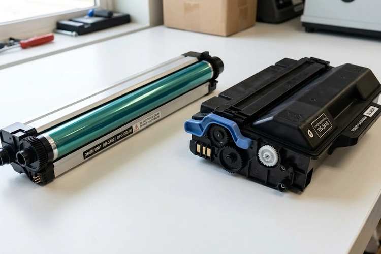 printer drum vs toner cartridge side by side showing the two laser printer components