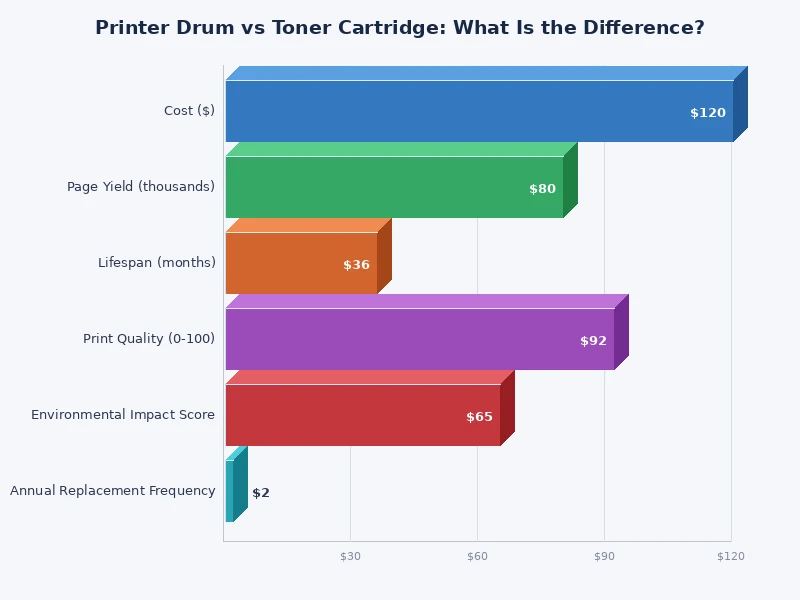 bar chart comparing printer drum vs toner cartridge lifespan and cost per page