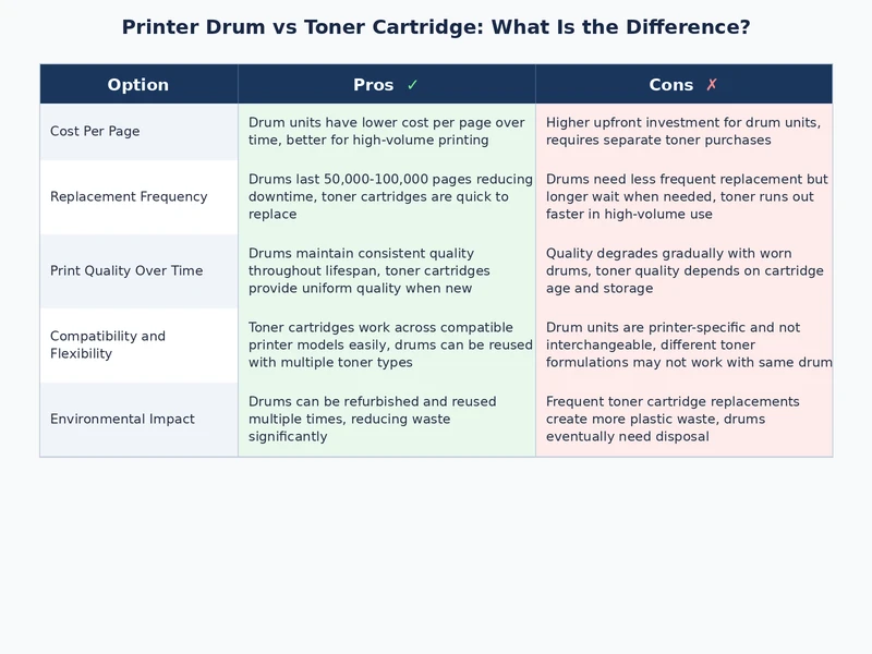 comparison diagram showing integrated vs separate drum and toner cartridge laser printer designs