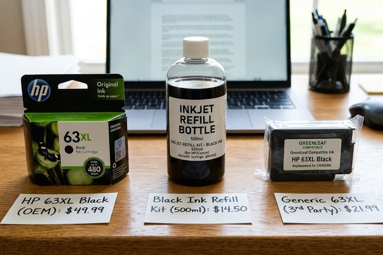 Printer ink cost comparison OEM vs refill vs third-party cartridges on a desk