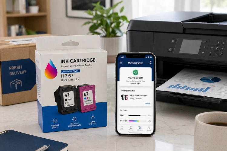 printer ink subscription service comparison — HP, Epson, and Canon ink cartridges on a desk beside a modern inkjet printer