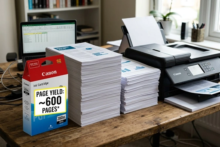 Printer page yield label on an ink cartridge box showing ISO page count