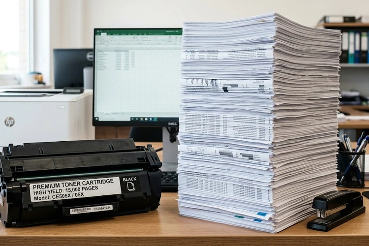 printer toner page yield explained — toner cartridge next to printed pages showing yield numbers