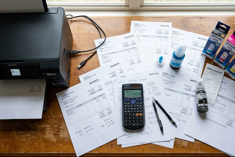 Printer total cost of ownership breakdown showing hardware, ink, paper, and maintenance expenses
