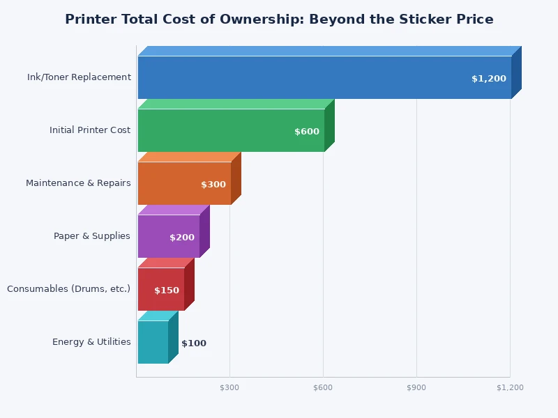Bar chart comparing printer total cost of ownership across inkjet, laser, and EcoTank printer types over three years