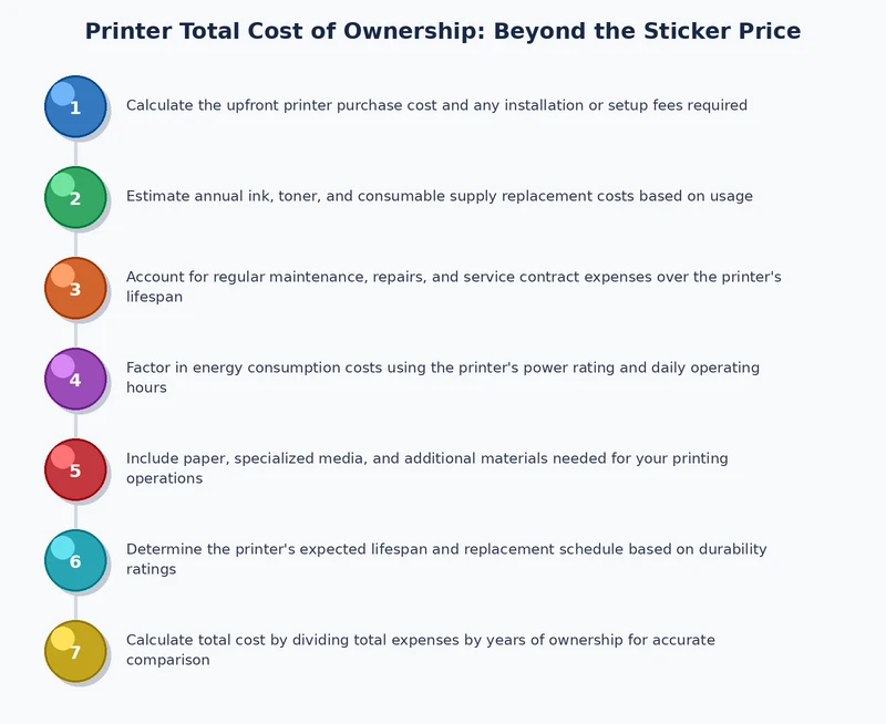 Step-by-step process diagram for calculating printer total cost of ownership including hardware, consumables, and maintenance