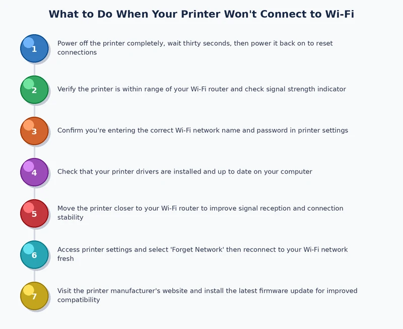 Step-by-step process diagram for fixing printer won't connect to Wi-Fi issues
