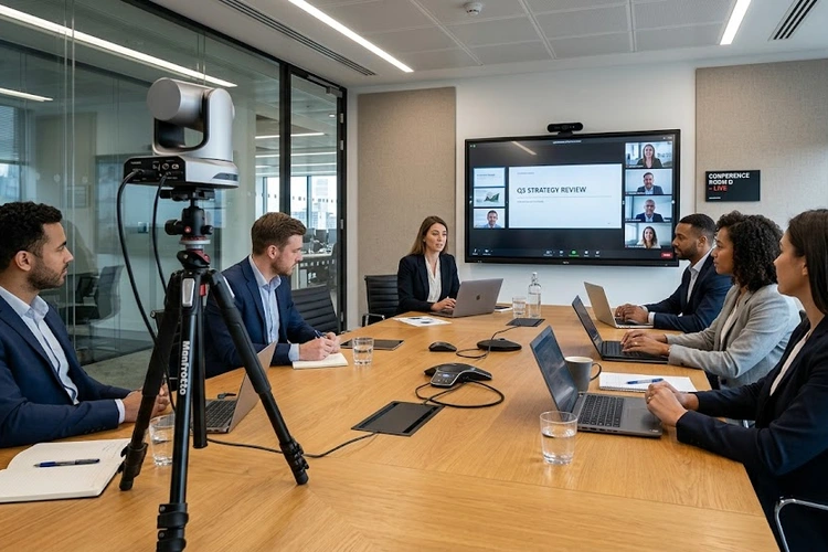 A modern conference room with a PTZ camera on a tripod at one end of the table and a fixed webcam mounted on a display screen, showing a professional meeting environment.
