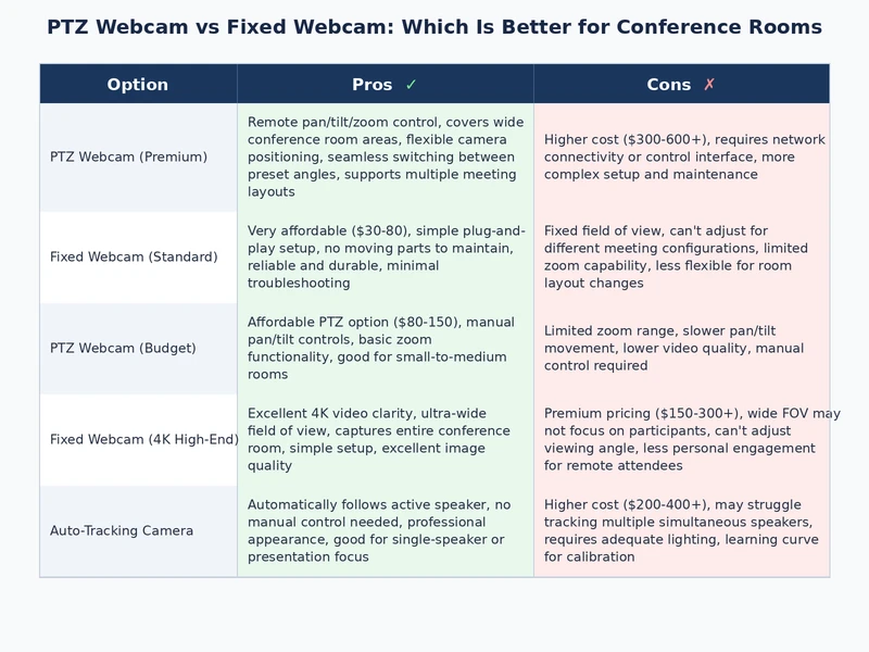 Side by side comparison diagram of PTZ webcam and fixed webcam in conference room layouts