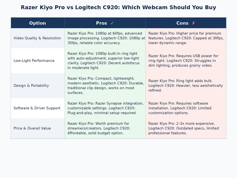 Razer Kiyo Pro vs Logitech C920 detailed comparison table covering sensor, video, audio, and software features