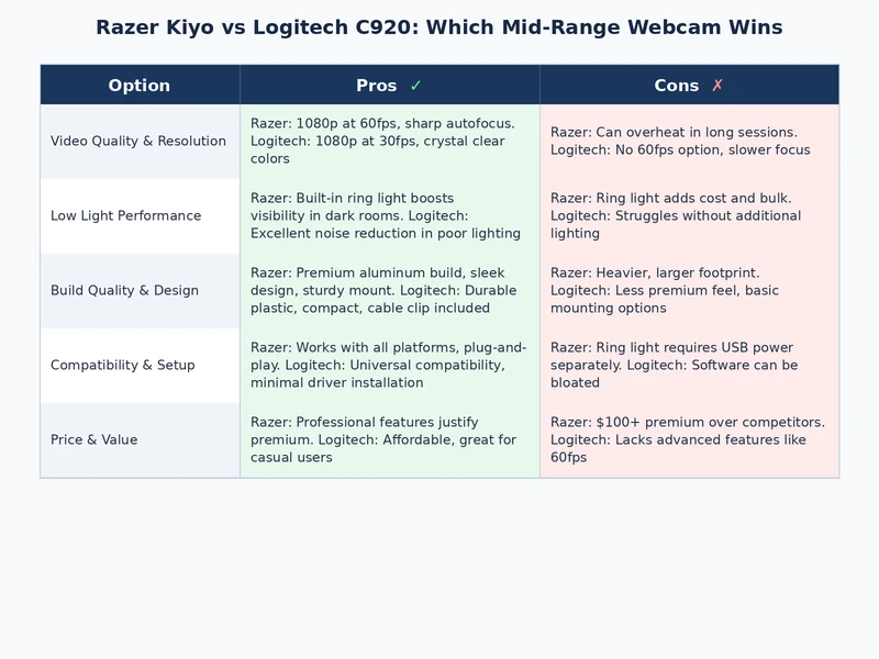 Razer Kiyo vs Logitech C920 detailed comparison table showing specs and winner by category