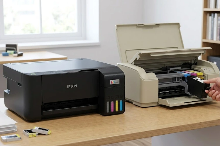 Refillable ink tank printer vs cartridge printer side by side on a desk