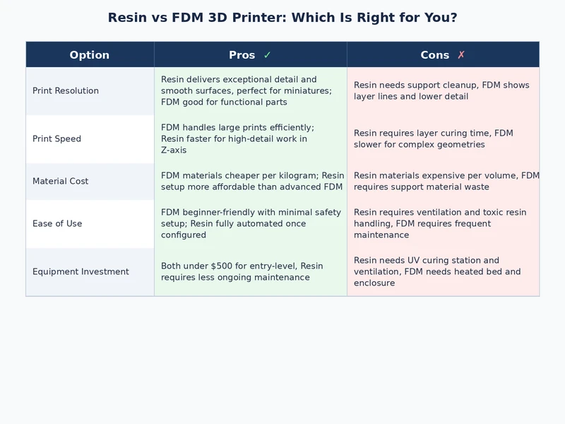 resin vs FDM 3D printer comparison table showing strengths and weaknesses of each technology
