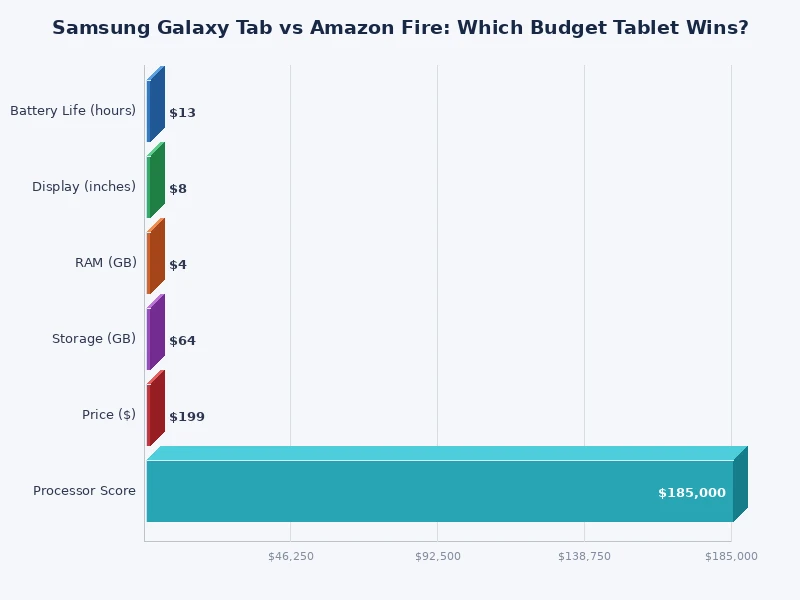Bar chart comparing Samsung Galaxy Tab vs Amazon Fire across display, performance, app ecosystem, and value