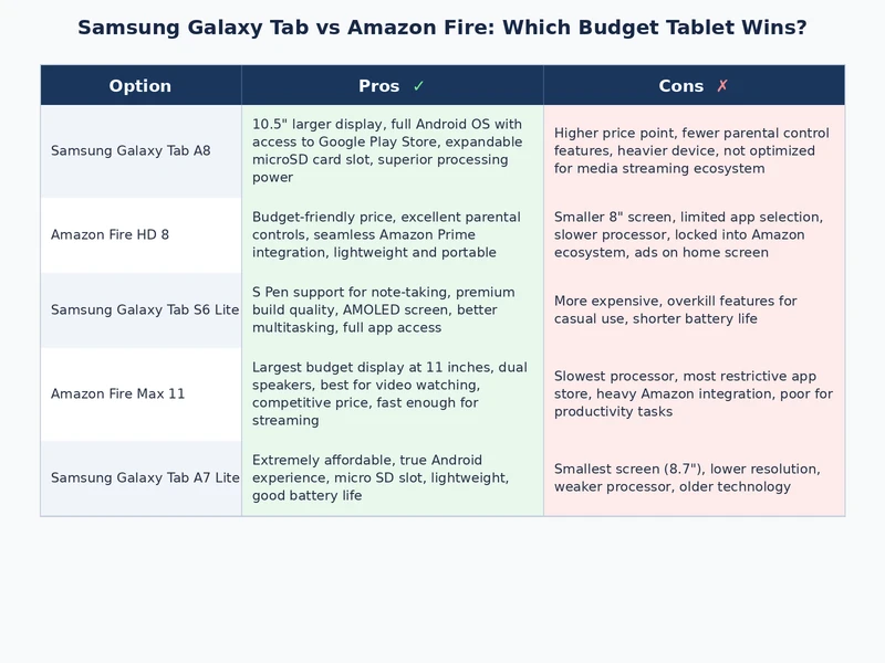 Visual comparison table of Samsung Galaxy Tab vs Amazon Fire tablet features and scores