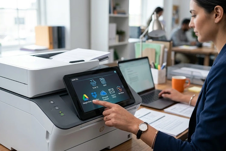 scan to cloud vs scan to email comparison showing a scanner connected to cloud storage and email icons