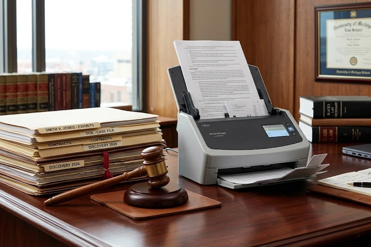 Professional scanner for legal documents on an office desk with contract papers