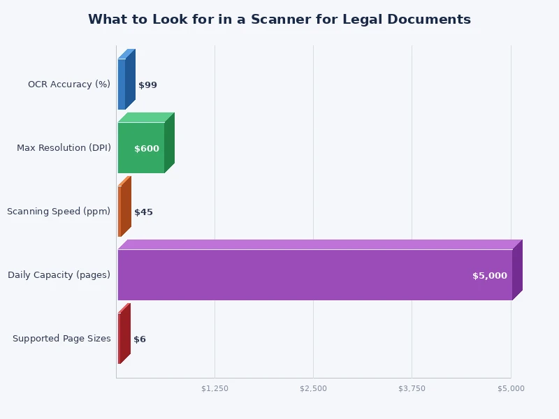 Bar chart comparing key scanner specs for legal document scanning: DPI, ADF capacity, and scan speed