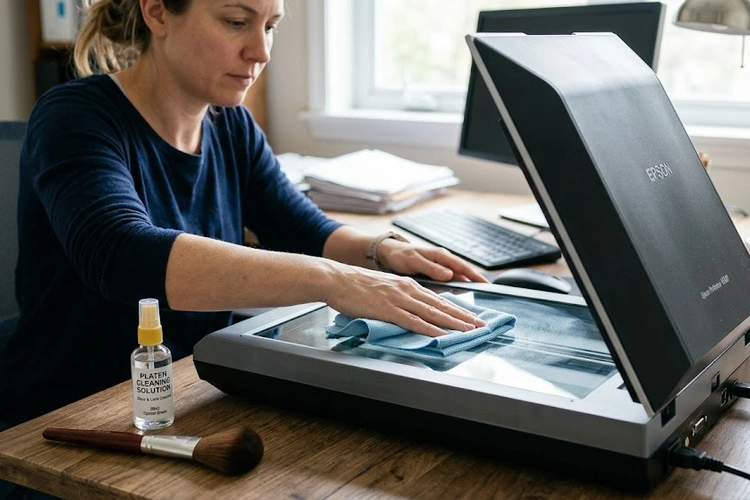 scanner maintenance tips — cleaning a flatbed scanner glass with a microfiber cloth
