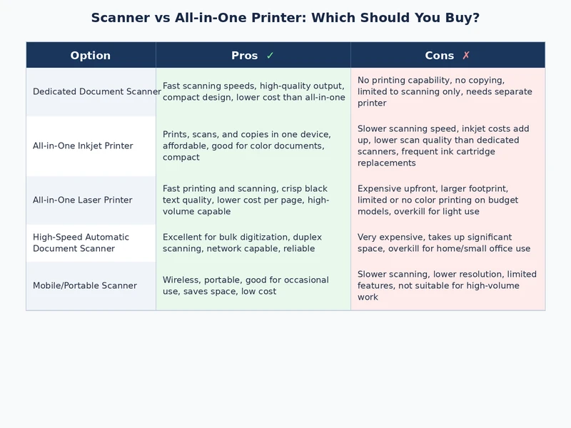 scanner vs all-in-one printer comparison table showing pros and cons of each device