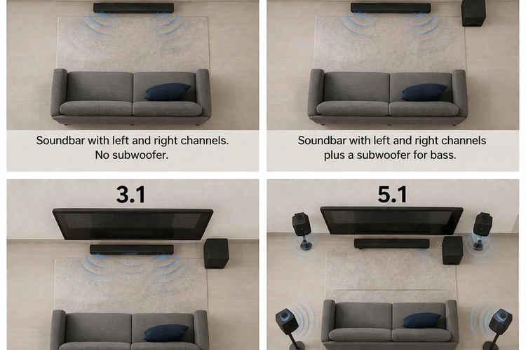 soundbar channel configuration options displayed side by side from 2.0 to 5.1.2