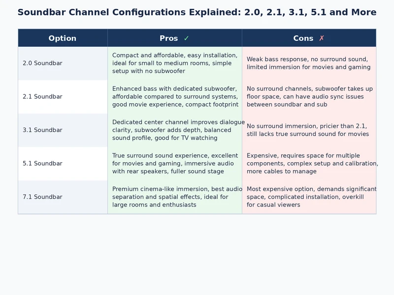 comparison of soundbar channel configurations showing speaker placement diagrams for 2.0 through 5.1.2