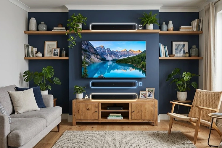 soundbar placed below a TV on a media console showing ideal where to put soundbar positioning