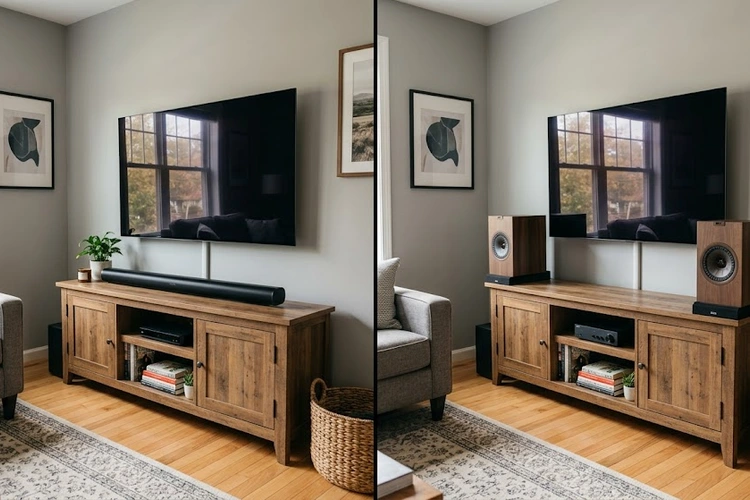 soundbar vs bookshelf speakers side by side comparison on a modern entertainment setup