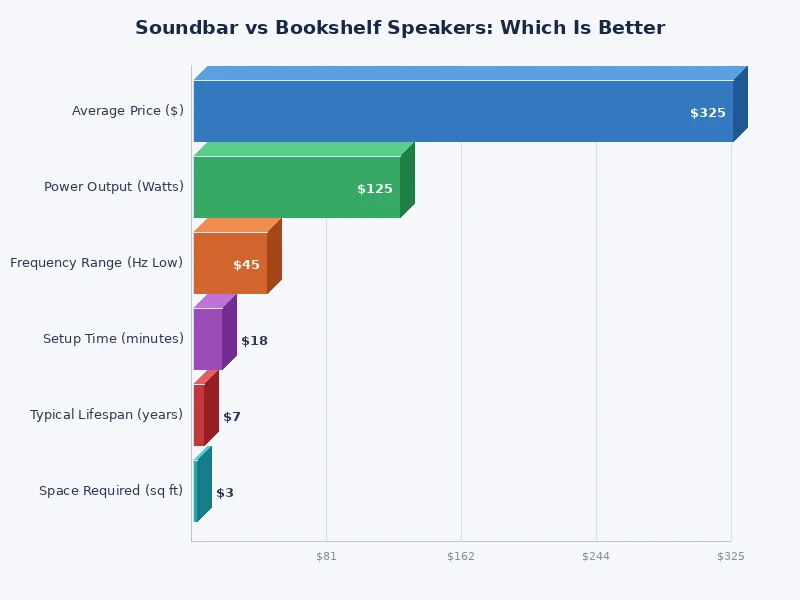 bar chart comparing soundbar vs bookshelf speakers across sound quality, ease of setup, price and space efficiency