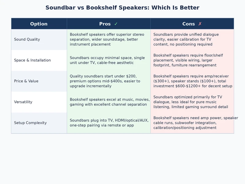 detailed comparison table visual for soundbar vs bookshelf speakers across audio, setup and value categories