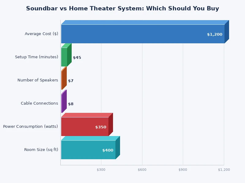 chart comparing soundbar vs home theater system across audio quality, cost, and setup complexity
