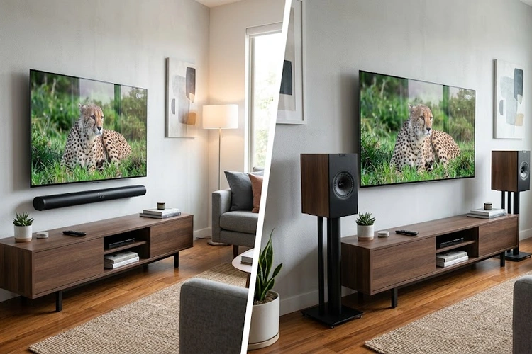 soundbar vs speakers side by side comparison on a modern TV stand