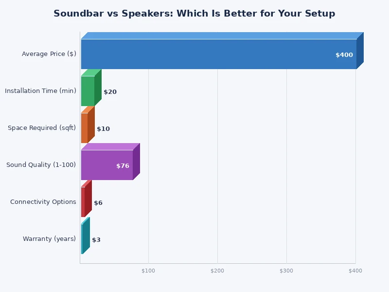 chart comparing soundbar vs speakers performance across sound quality, setup ease, and value