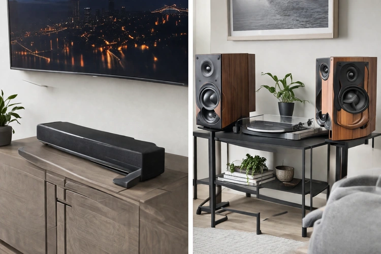 soundbar vs stereo speakers side by side comparison on a media console