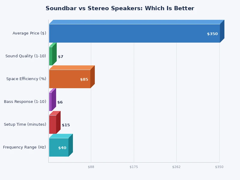 bar chart comparing soundbar vs stereo speakers across key performance categories