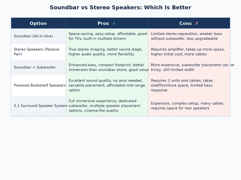 soundbar vs stereo speakers feature comparison table infographic