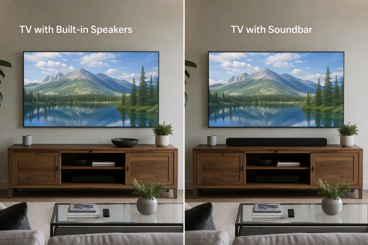 soundbar vs TV speakers side by side comparison setup in living room