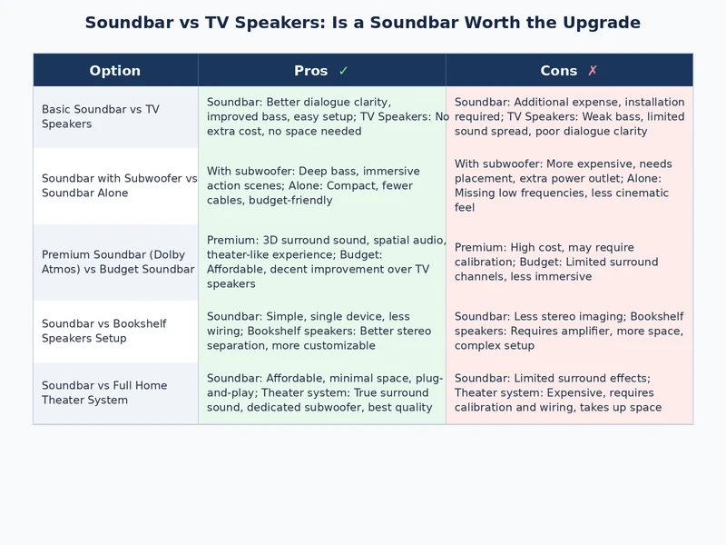 comparison chart showing soundbar vs TV speakers audio quality metrics