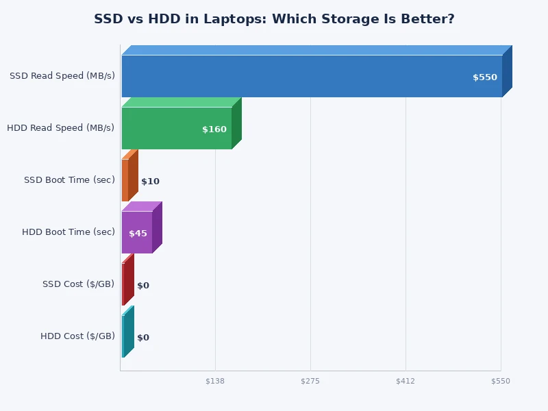 SSD vs HDD laptop speed comparison chart showing read and write speeds