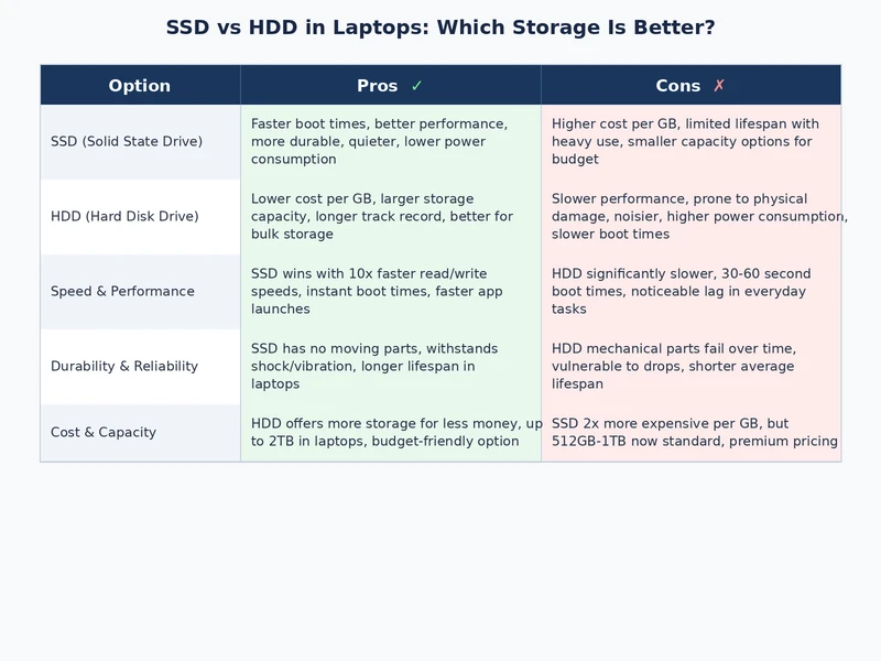 SSD vs HDD laptop comparison table showing key differences in speed, price, and durability