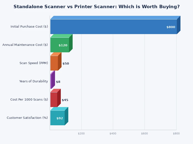 Bar chart comparing standalone scanner vs printer scanner on resolution, speed, cost, and versatility