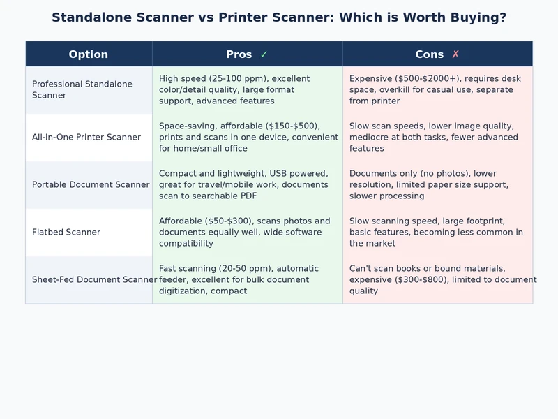 Standalone scanner vs printer scanner feature comparison table showing resolution, speed, and cost trade-offs
