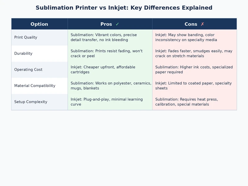 sublimation printer vs inkjet differences comparison table showing use cases and features