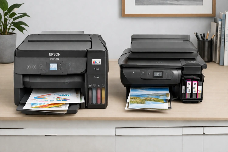 Supertank printer vs standard inkjet side-by-side comparison on a desk