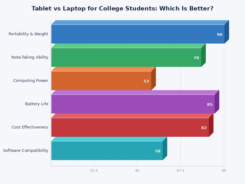bar chart comparing tablet vs laptop scores across key college student criteria