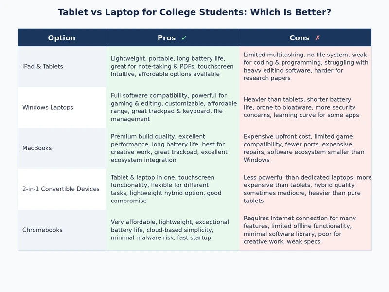 comparison table image showing tablet vs laptop specs and features for college students
