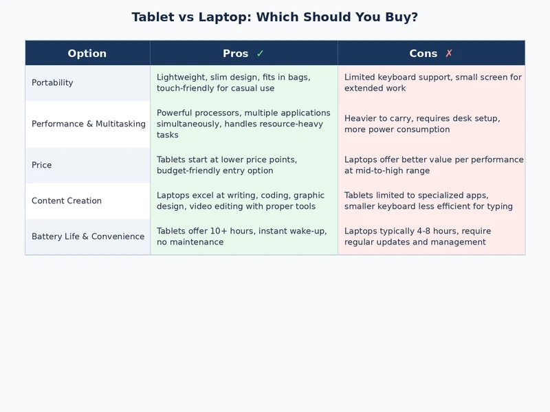 tablet vs laptop comparison table showing specs, price, and use case differences