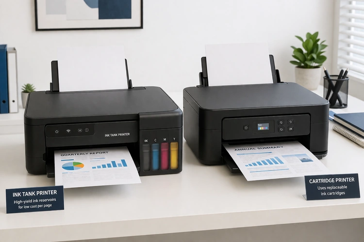 Two printers side by side — one ink tank printer with visible translucent ink reservoirs and one traditional cartridge printer — on a clean white office desk.
