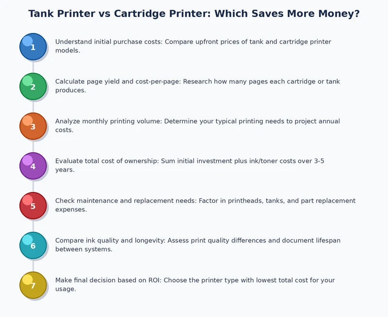 Step-by-step process diagram for calculating break-even point between tank and cartridge printer costs